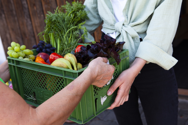 KI generiert: Zwei Personen übergeben eine grüne Kiste voller frischem Obst und Gemüse.
