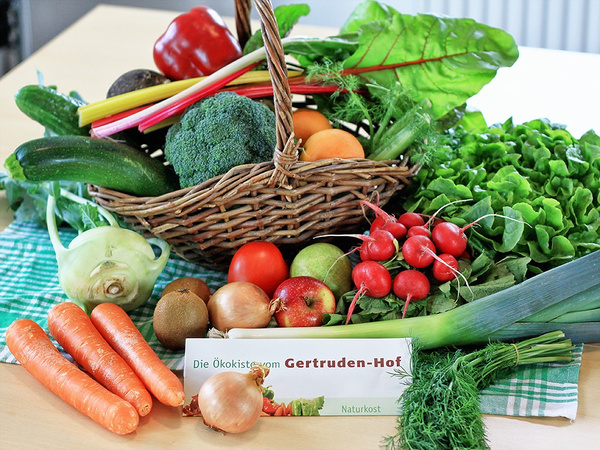 KI generiert: Ein Korb voller frischem Gemüse. Text: "Die Ökokiste vom Gertruden-Hof, Naturkost".